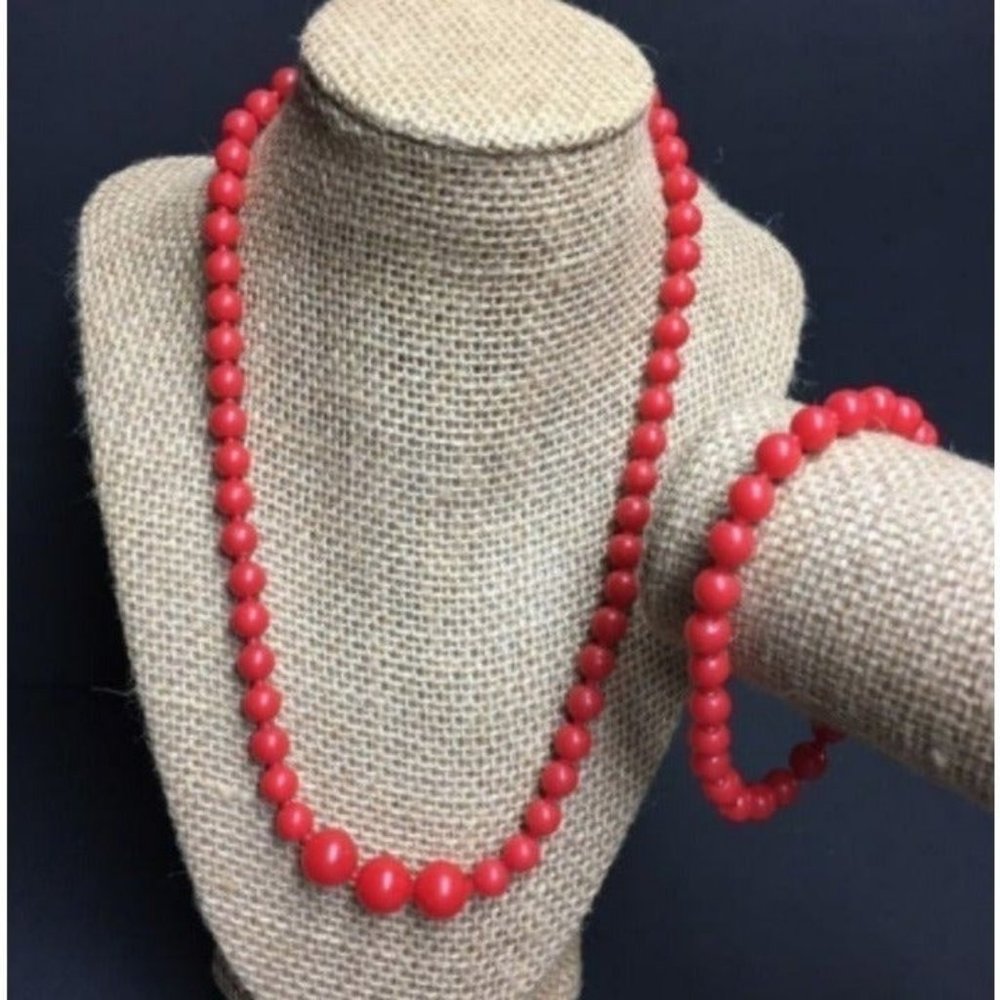 VTG Pop Bead Necklace Bracelet Solid Red Adjustable Retro